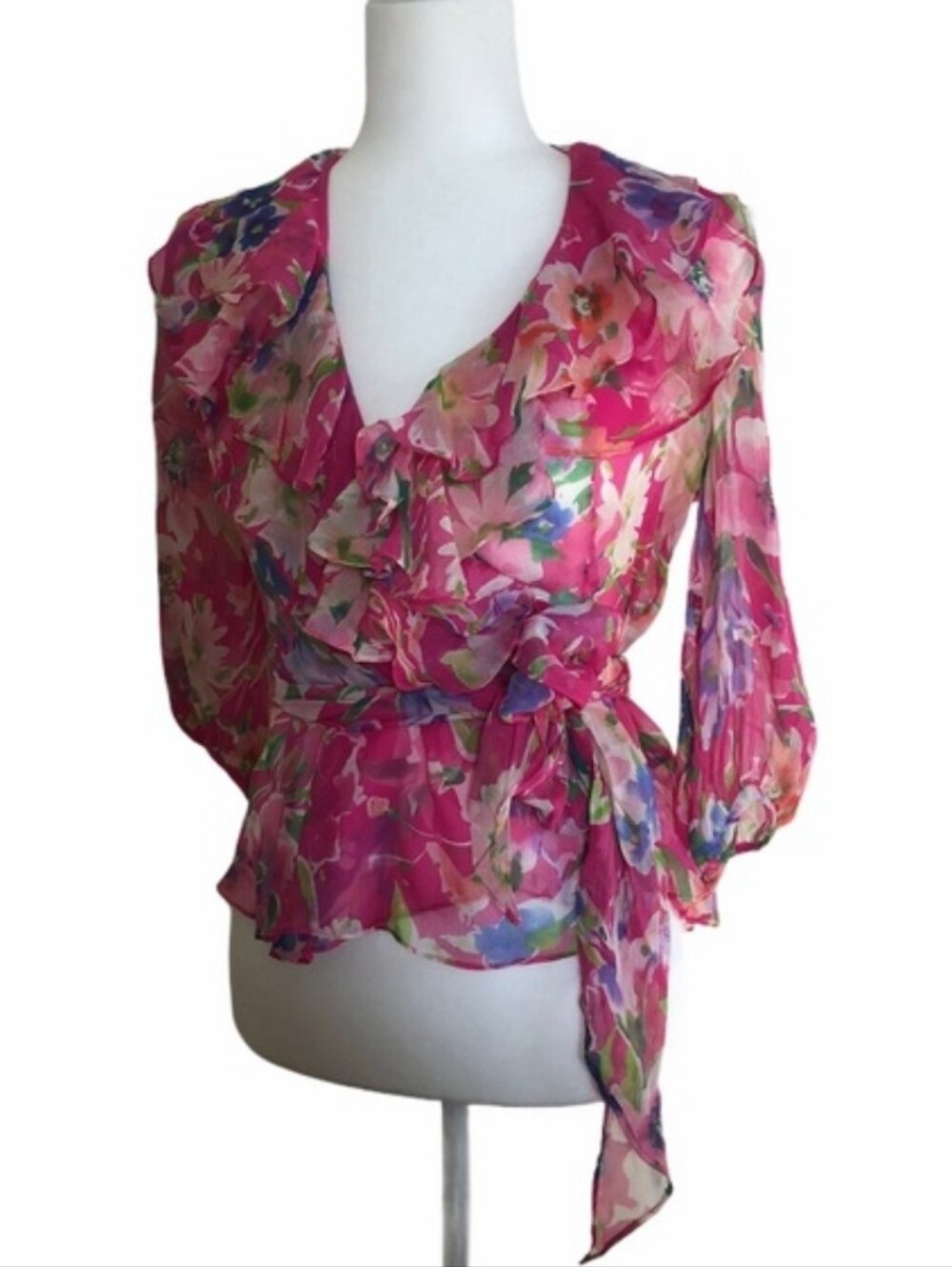 Lauren Ralph Lauren Sheer Pink Floral Wrap Blouse, Silk, 3/4 Puff Sleeves, L - Picture 3 of 9